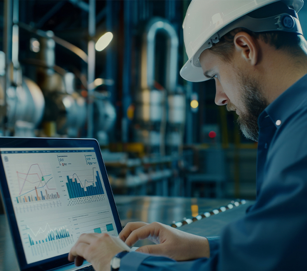 Engineer in a hard hat analyzing data and charts on a laptop in an industrial facility with machinery in the background.