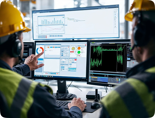 Two workers in safety gear monitor data and charts on three computer screens, analyzing performance and metrics in an industrial setting.