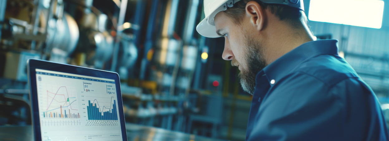 Engineer wearing a hard hat analyzes data and charts on a laptop screen inside an industrial facility.