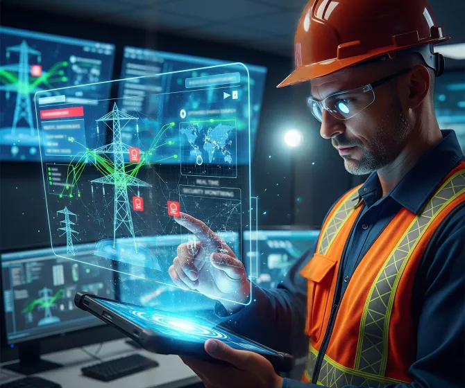 An engineer in safety gear uses a tablet displaying a holographic interface to monitor power grid data in a control room.